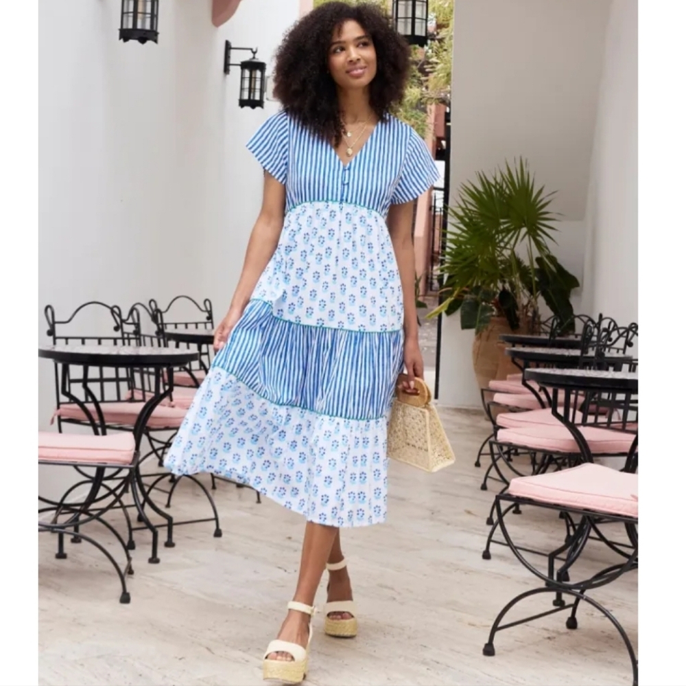 NWT Printfresh Blue 100% Organic Cotton In Bloom Main Act Midi Dress Size Medium
